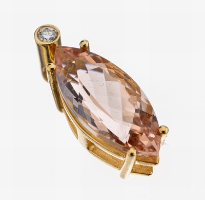 18 kt Gold Morganit-Brillant-Anhänger, GG 750/000, Morganit-Navette ca. 3.5 ct, Brillantca. 0.08 ct Weiß/si, ca. 3.5 g