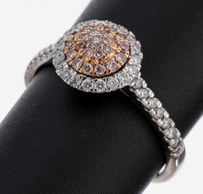 14 kt Gold Brillant-Ring, WG/RG 585/000, Aufbau in mehreren Ebenen, Brillanten zus. ca.0.80 ct light pink (beh.) und Weiß/vs-si, RW 57, ca. 3.6 g