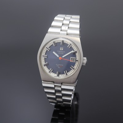 TISSOT Herrenarmbanduhr PR 516 GL, Schweiz um 1970, Edelstahlgeh. inkl. orig. Gliederband m. Faltschl., Boden verschr., blaues Zifferbl., silb. ...