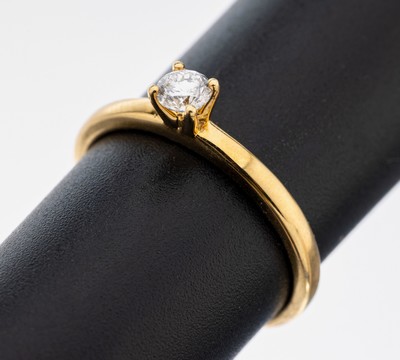 18 kt Gold Brillant-Ring, GG 750/000, Brillant ca. 0.25 ct feines Weiß/si, RW 58, ca. 2.9 g