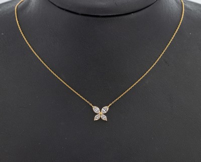 18 kt Gold Diamant-Collier, "Schmetterling", GG 750/000, 4 Diamantnavettes zus. ca. 0.60ct feines Weiß/si, L. ca. 45 cm, Karabiner- ...