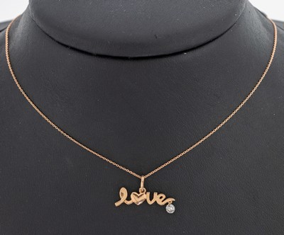14 kt Gold Brillant-Anhänger "Love", RG 585/000, Brillant ca. 0.13 ct feines Weiß/si, an Kette, L. ca. 40 cm, Karabinerschließe, ca.1.7 ...