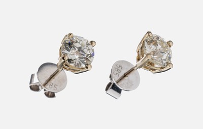 Paar 14 kt Gold Diamant-Ohrstecker, WG 585/000, 2 Altschliffdiamanten zus. ca. 2.23 ct l.get.Weiß-get.Weiß/si-p