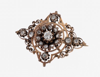 14 kt Gold Diamant-Brosche, um 1880, RG 585/000 gepr., qualitätvolle Verarbeitung, Altschliffdiamant und Diamantrosen zus. ca. 0.60 ct ...