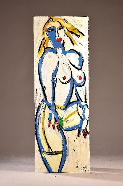 Peter Robert Keil, geb. 1942 Züllichau, stehender weiblicher Akt, Öl und Acryl auf Stoff, rechts unten sign., ca. 200x70cm