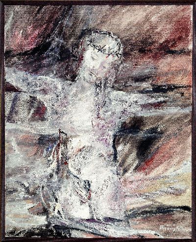 Florian Frieling, 1939 Leverkusen-1994 Deidesheim, Der gekreuzigte Christus, Öl/ Lwd, rechts unten sign. und dat. 89, ca. 100x80cm, R. ca. 105x85cm