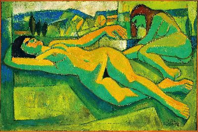 Heinz Brzoska, 1942-2015, Interieur mit liegendem und sitzendem Akt, im Hintergrund eine Landschaft, Öl/Lwd, rechts unten sign. und dat. 1973, ca. ...