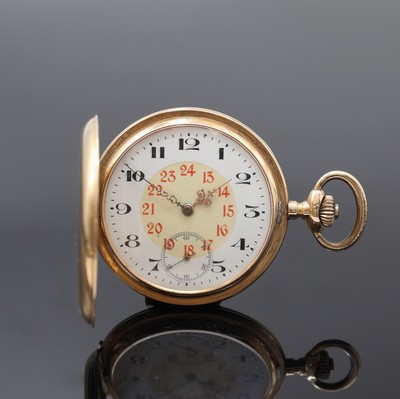 Herrensavonette in RoseG 585/000, Schweiz um 1915, Geh. dell., Metallcuvette m. Medaillengravur, Emailzifferbl. besch., arab. Zahlen, gold. Louis ...