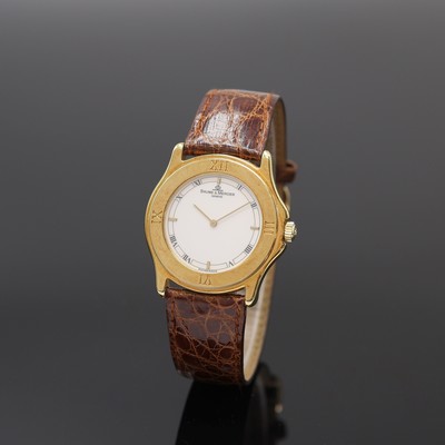 BAUME & MERCIER Damenarmbanduhr in GG 750/000, Schweiz um 2000, quarz, orig. Lederband m. verg. Stiftschl., Boden 4-fach verschr., Lünette m. röm. ...