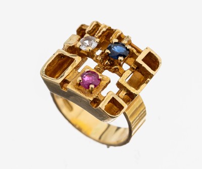 18 kt Gold Farbstein-Ring, GG 750/000, abstrakt geometrisches Design, rundfacett. Saphir und rundfacett. Rubin zus. ca. 0.30 ct,1 Diamantimitation, ...