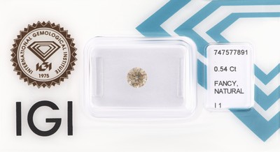 Loser Brillant 0.54 ct Fancy natural brownish greenish yellow/p1, Politur sehr gut, Symmetrie gut, eingeschweißt, IGI-Expertise anbei