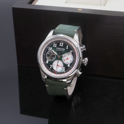 UNION GLASHÜTTE Belisar Chronograph Referenz D009.427A, Deutschland um 2022, Automatik, beids. vergl. Geh. in Edelstahl inkl. orig. Lederband m. ...