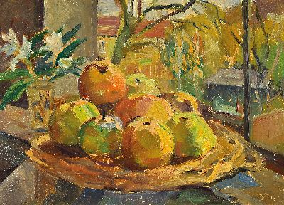 Marie Strieffler, 1917-1987 Landau, Atelier-Stillleben mit Äpfeln, hintergründiger Blick aus dem Fenster in den Garten des Strieffler -Hauses, ...