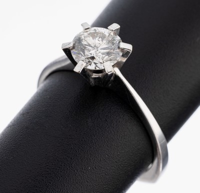 14 kt Gold Brillant-Ring, WG 585/000, Brillant ca. 1.00 ct (grav.) Weiß/p1 (Reinheitgrav.), RW 56, ca. 2.8 g