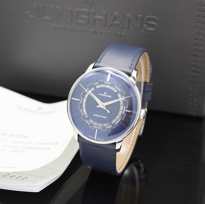 JUNGHANS Meister Worldtimer Herrenarmbanduhr Referenz 27/3010, Automatik, Edelstahlgeh. inkl. orig. Lederband m. orig. Dornschl., Boden 5-fach ...