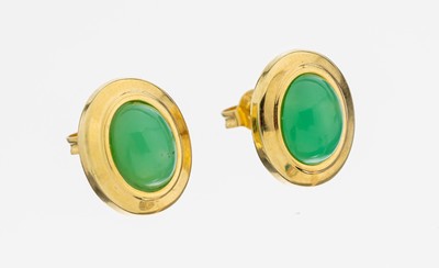 Paar 14 kt Gold Chrysopras-Ohrstecker, GG 585/000, schlicht, 2 ovale Chrysopras- Cabochons, ca. 2.4 g