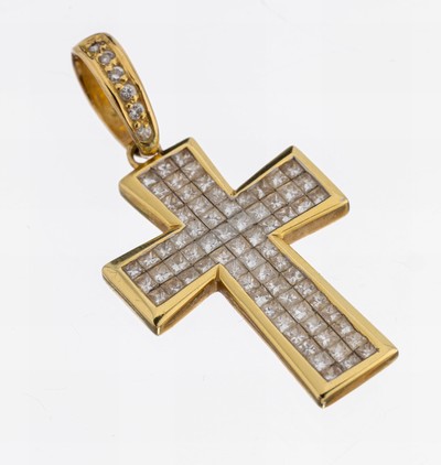 18 kt Gold Diamant-Kreuzanhänger, GG 750/000, 72 Princess-Cut Diamanten zus. ca. 1.26 ct Weiß/vs-p, Öse mit 6 Brillanten zus. ca. 0.05 ...