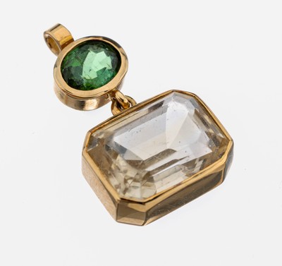 18 kt Gold Turmalin-Citrin-Anhänger, GG 750/000, ovalfacett. Turmalin ca. 1.25 ct, bewegl. abgehangener Citrin im Treppenschliff ca. 9.0 ct, L. ca. ...