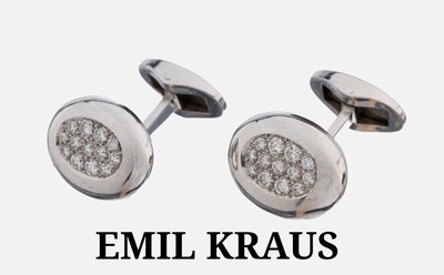 Paar 18 kt Gold EMIL KRAUS Brillant- Manschettenknöpfe, WG 750/000, qualitätvolle Verarbeitung, oval, 26 Brillanten zus. ca. 0.56 ct feines ...