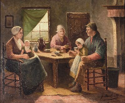J. Roelandt, niederländischer Künstler des 19 .Jh., Genremalerei, bäuerliches Familienidyll, rechts unten signiert und datiert 1864, Öl/Lwd, ...