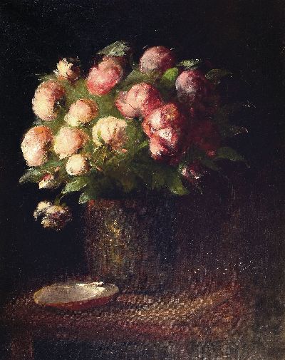 Unbekannter Künstler des ausgehenden 19.Jh., Stillleben mit Pfingstrosen, unsigniert, Öl/Lwd, 61x49 cm, Rahmen best. 73x61 cm