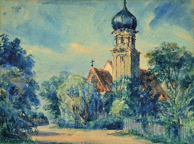 Walther Perron, 1895-1970 Frankenthal, Pfälzer Dorfkirche, Aquarell auf Papier, auf Karton doubliert, links unten signiert und datiert 1945, Rahmen ...