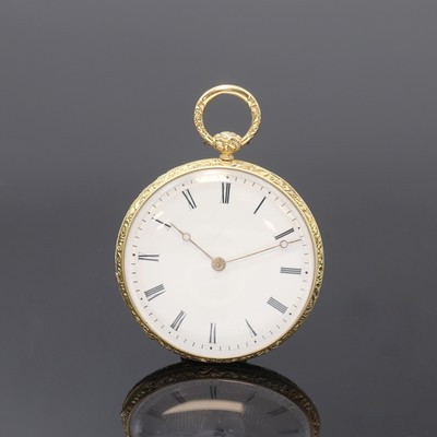 Offene Taschenuhr in GG 750/000, Schweiz um 1880, floral grav. Geh., Goldcuvette, Emailzifferbl. riss., gold. Zeiger, verg. Zylinderwerk, Ringunr., ...