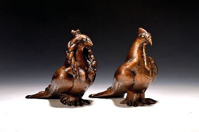 Gernot Rumpf, 1941 Kaiserslautern-2025, Paar Skulpturen, Tauben-Henne und Tauben-Hahn, Bronze patiniert, je signiert, Gießerstempel, 1x datiert ...