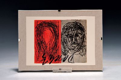 Georg Baselitz, 1938-2023, Kunstpostkarte "Face and Teardrop" mit Gefälligkeitssignatur von Baselitz, 10,5x15 cm