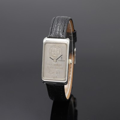 CORUM hochfeine und seltene Armbanduhr in Form eines 10g Platinbarrens Nr. 142, Schweiz um 1979, Handaufzug, Platingeh. inkl. Lederband m. orig. ...