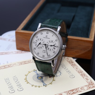 CHRONOSSWISS Herrenarmbanduhr Modell Tora Referenz CH 1323, Automatik, Edelstahlgeh. inkl. Lederband m. orig. Dornschl., beids. vergl., Boden ...