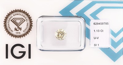 Loser Brillant 1.13 ct Light Yellow Brownish Yellow(U-V)/si1, Politur und Symmetrie excellent, IGI Expertise anbei