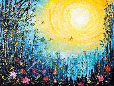 Maria Winter, geb. St. Petersburg, lebt und arbeitet in Deutschland, Erwachen des Waldes, Acryl auf Lwd, aufgelegtes Blattgold, rechtsunten monogr., ...