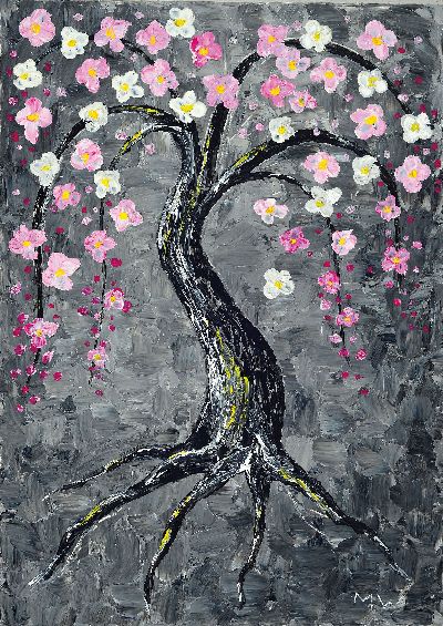 Maria Winter, geb. St. Petersburg, lebt und arbeitet in Deutschland, Baum mit Blumen, Acryl auf Lwd, mit Glitzerpartikeln, rechts unten monogr., ...