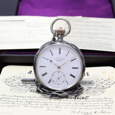 A. LANGE & SÖHNE Dresden sehr seltene, offene, silberne Tula-Taschenuhr in 1A Qualität Werk- und Gehäuse-Nr. 26265, verkauft im Oktober 1887 an ...