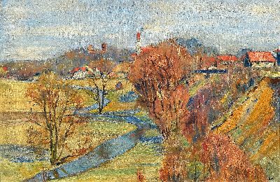 Monogrammist B.S., Blick auf München- Oberföhring, 1920er Jahre, Blick über den Brumbach auf St. Lorenz, Öl/Lwd, rechts unten monogr., ca. ...
