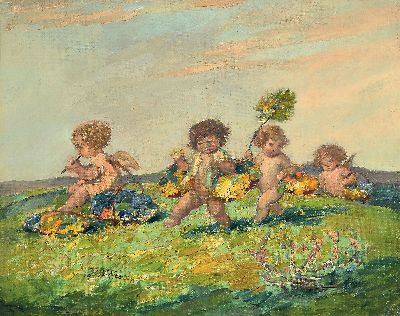 Carl Plückebaum, 1880-1952 Düsseldorf, Puttenreigen, vier Putten mit Blumen auf einer Wiese, Öl/Malkarton, links unten signiert, ca. 30x38cm, R. ...