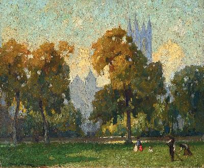 Alfred Palmer, 1877-1951, englische Parklandschaft, wohl Blick aus Victoria Tower Gardens auf den Victoria Tower, impressionistische Auffassung, ...