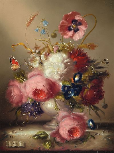 Hildegard Schwammberger, 1950-2024, reiches Blumenstillleben mit Insekten, signiert, Öl/Holz, 40x30 cm, Rahmen 50x40 cm, mit Zertifikat der Galerie ...