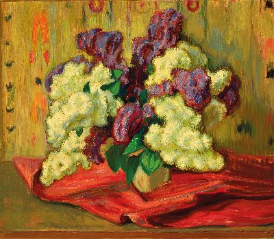 Hermann Croissant, 1897-1963 Landau, Stillleben mit weißem und violettem Flieder, Öl/Hartfaser, unsigniert, rückseitig mit Nachlaßstempel, ca. ...