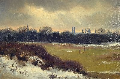 Zuschreibung: Anton Doll, 1826-1887 München, winterliche Landschaft mit Blick auf München im Hintergrund, Öl/Lwd/Malkarton, rückseitig auf der ...