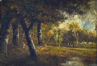 Narcisse Virgile Diaz de la Pena, 1807 Bordeaux-1876 Menton, Sommerliche Waldlandschaft mit Gewässer im Vordergrund, seitlich eine Frau, Öl/Holz, ...