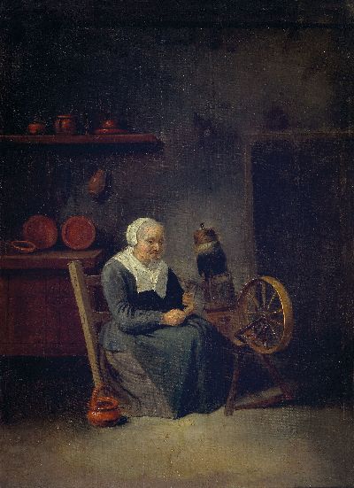 Zuschreibung: Quiringh Gerritz van Brekelenkam, 1622 Zwammerdam-1668 Leiden, Interieur mit Frau am Spinnrad, Öl/Lwd, rest., doubl., rückseitig ...
