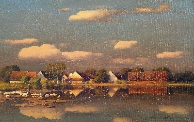Paul Wilh. Keller-Reutlingen, 1854 Reutlingen-1920 München, Blick über einen See auf eine Ortschaft, Abendstimmung, seitlich links Gänse und ihre ...