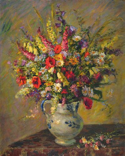 Richard Mund, 1885 Ramstein-1968 München, Sommerblumen in blau-weißem Porzellankrug, Öl/Holz, rechts unten signiert, ca. 75x60cm, R. ca. 86x71cm