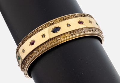 14 kt Gold Farbstein-Diamant-Armreif, Niederlande, um 1920-30, GG 583/000, hohl gearbeitet, aufgelegte Golddrähte und -kugeln,einige Kugeln fehlen, ...
