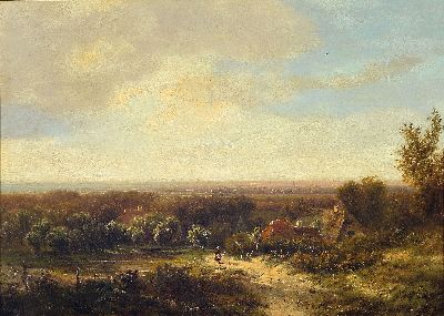 Pieter Lodewijk Kluyver, 1816-1900 Amsterdam , Niederländische sommerliche Landschaft mit Bauernhaus und Bäuerin, Öl/Holz, links unten signiert, ...