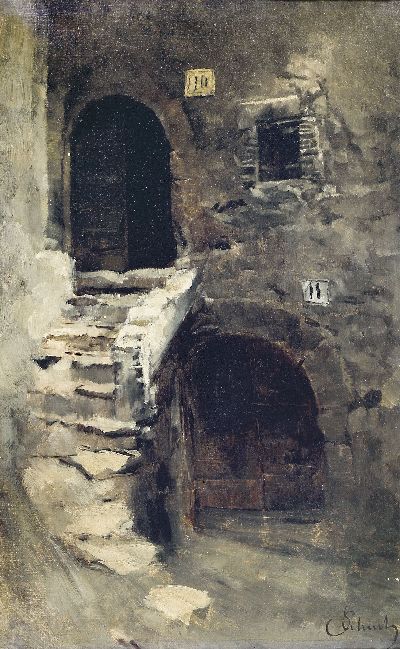 Carl Schuch, 1846-1903 Wien, Treppe in Olevano, 1875, bez. "Olevano 1875", eine vergleichbare Komposition findet sich in der Kunsthalle zu ...
