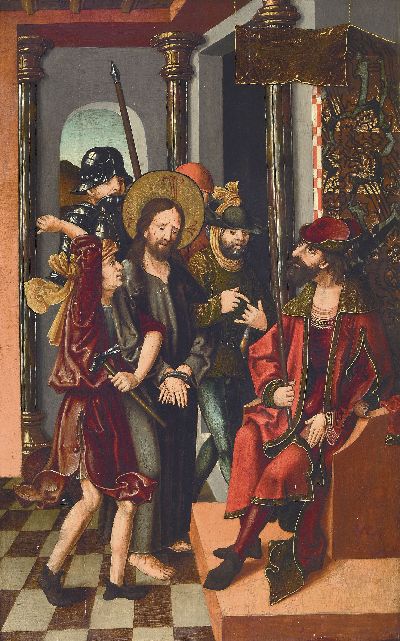 Maler wohl aus der Gefolgschaft des Meisters des Wiener Schottenaltars, um 1480-1500, Christus vor Pilatus, Tafel wohl eines Flügelaltars, Öl/Holz, ...