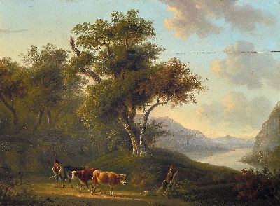 Barend Cornelis Koekkoek, 1803 Middelburg-1862 Kleve, Ideale Landschaft mit Flusslauf, im Vordergrund Bauer mit Kühen, Öl/Holz, zwei alt ...